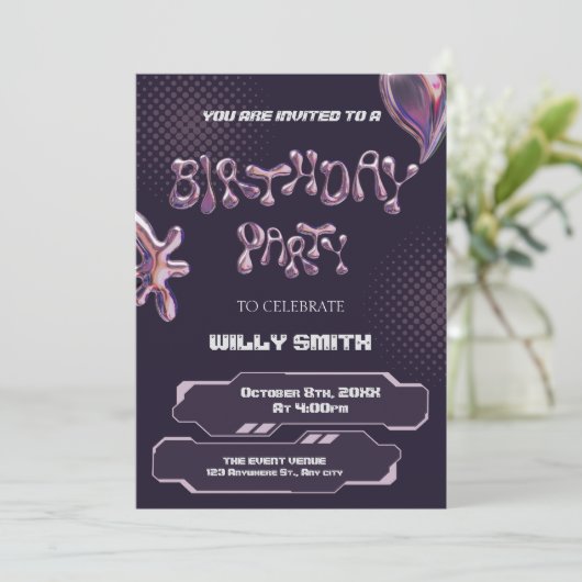 Invitation Bulle métallisée violet Y2K (Debout devant)