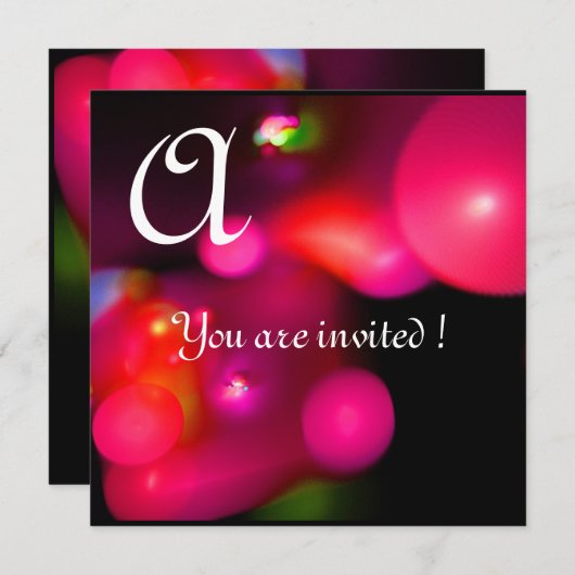 Invitation Bulle quantique monogramme rouge noir rose (Devant / Derrière)
