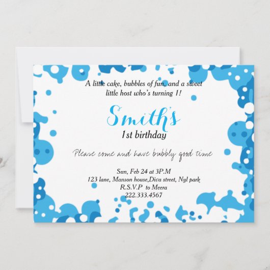 Invitation Bulles bleues modernes Premier anniversaire (Devant)