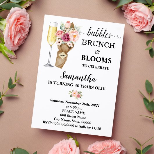 Invitation Bulles Brunch & Blooms Fleurs roses Anniversaire
