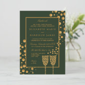 Invitation Bulles Champagne d'or - Vert & Or - Mariage (Debout devant)