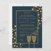 Invitation Bulles de Champagne d'or - Bleu & Or - Mariage (Devant)