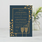 Invitation Bulles de Champagne d'or - Bleu & Or - Mariage (Debout devant)