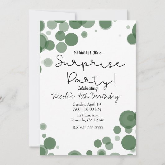 Invitation Bulles de points verts blancs Surprise Party (Devant)