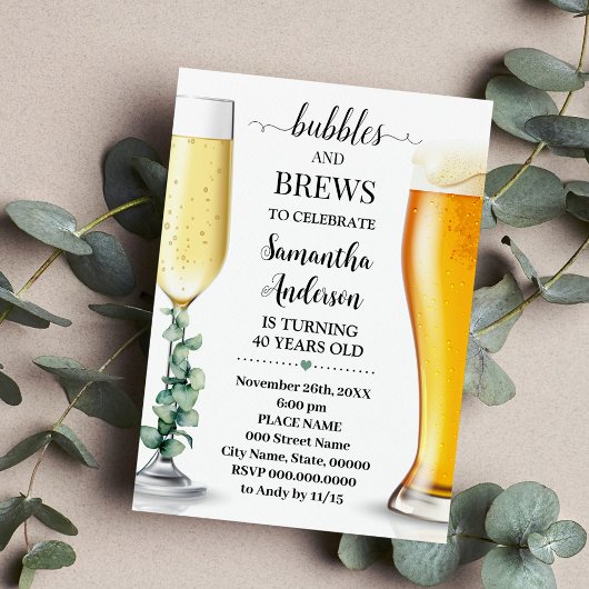 Invitation Bulles et brasse Eucalyptus Verdure Anniversaire