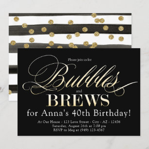 Invitation Bulles et brasser Noir et Or Adulte Anniversaire