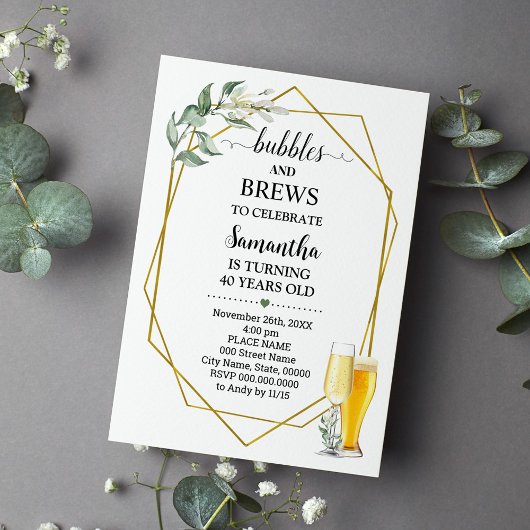 Invitation Bulles et brasseries Anniversaire Verdure Or