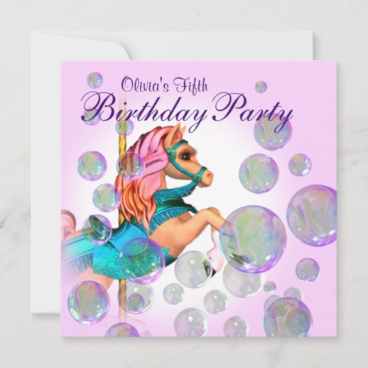 Invitation Bulles roses Carousel Pony Girls Anniversaire (Devant)