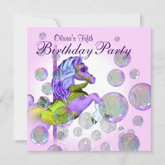 Invitation Bulles roses Carousel Pony Girls Anniversaire (Devant)