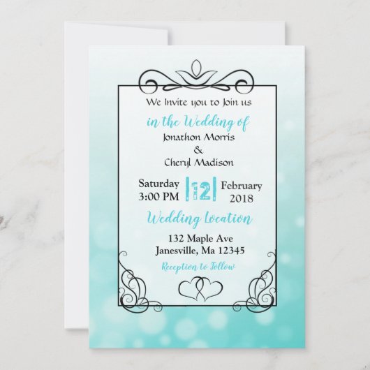 Invitation Bulles turquoises Black Script de mariage Invitati (Devant)