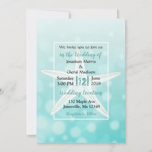 Invitation Bulles turquoises Starfish Plage Mariage Invitatio (Devant)