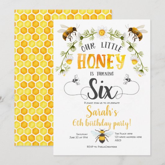 Invitation Bumble bebe, Little honey, Bee, 6e anniversaire (Devant / Derrière)