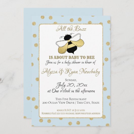Invitation Bumble Bee Buzz Baby shower Bleu (Devant / Derrière)