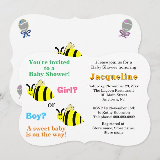 Invitation Bumble Bee Pink Blue Rattles Baby Shower (Devant / Derrière)