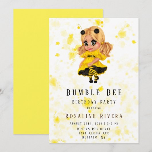 Invitation Bumble Bee Preteen Fille fête d'anniversaire (Devant / Derrière)