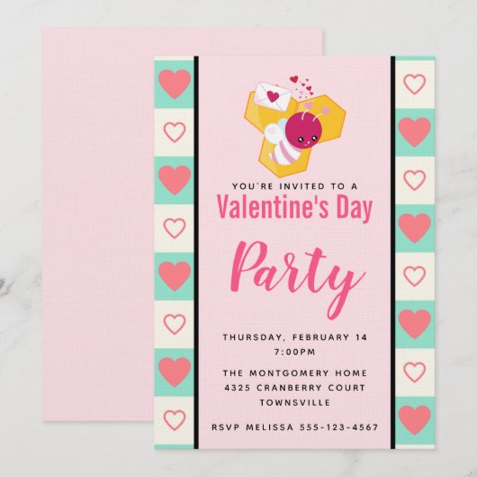 Invitation Bumble rose mignon Bee Valentine's Party (Devant / Derrière)