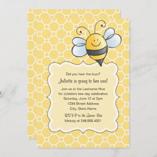Invitation Bumblebebe Jaune Mignonne Première fête d'annivers (Devant / Derrière)