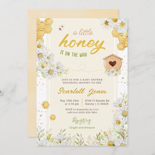 Invitation Bumblebee Bee Baby shower Little Honey Sweet Daisy (Devant / Derrière)