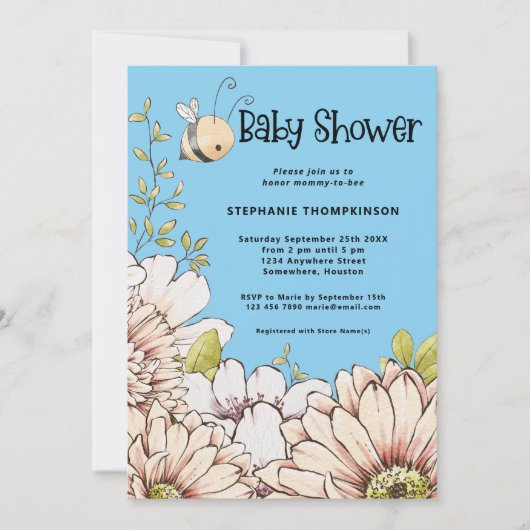 Invitation Bumblebee Florals Baby Blue Douche (Devant)