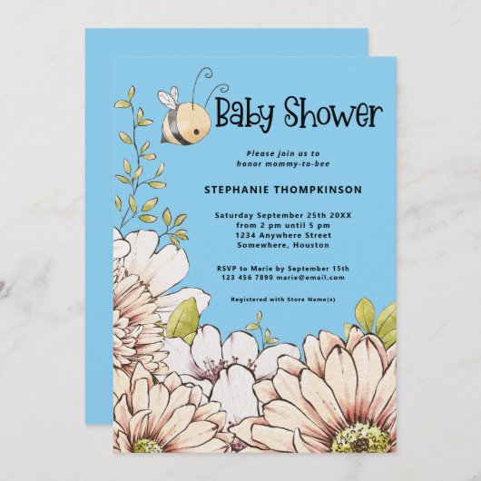 Invitation Bumblebee Florals Baby Blue Douche (Devant / Derrière)
