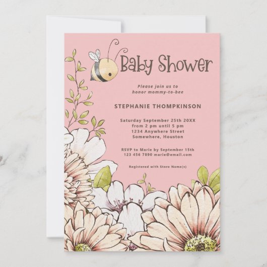Invitation Bumblebee Florals Baby Rose Douche (Devant)