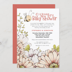 Invitation Bumblebee Florals Coral Drive Thru Baby shower