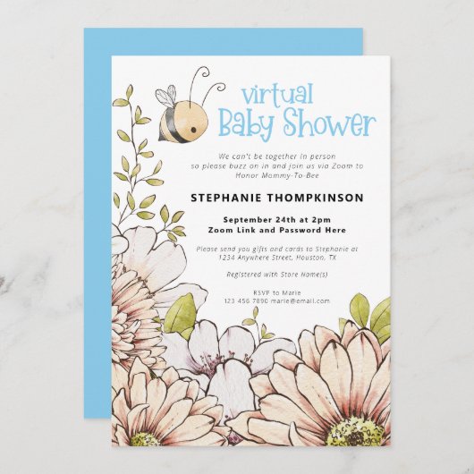 Invitation Bumblebee Florals Virtual Baby Blue Douche (Devant / Derrière)