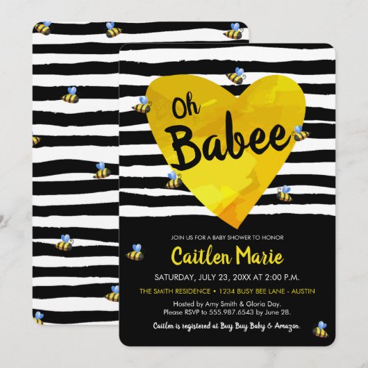 Invitation Bumblebee Oh Babee Jaune Baby shower blanc (Devant / Derrière)