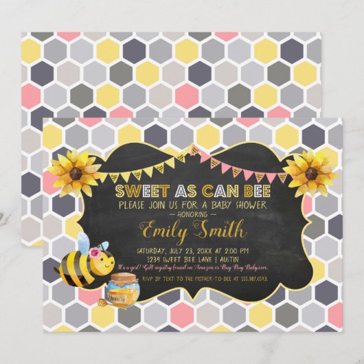 Invitation Bumblebee Sweet As Can Bee Girl Baby shower (Devant / Derrière)