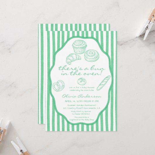 Invitation Bun in the oven green pinstripes Baby Shower (Devant/Arrière en situation)