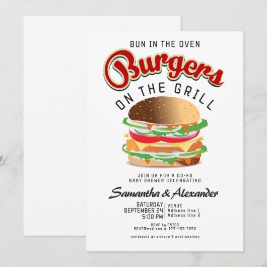 Invitation Bun Sur Le Four Burger BBQ Retro Baby shower CO-ED (Devant / Derrière)