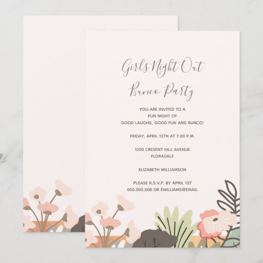 Invitation Bunco Party Girls Night Out Floral Script moderne (Devant / Derrière)