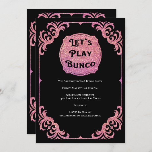 Invitation Bunco Party Parties scintillant rose Glam (Devant / Derrière)