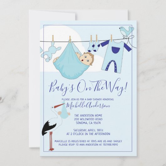 Invitation Bundle Bébé Bleu Sur Baby shower Clothesline (Devant)