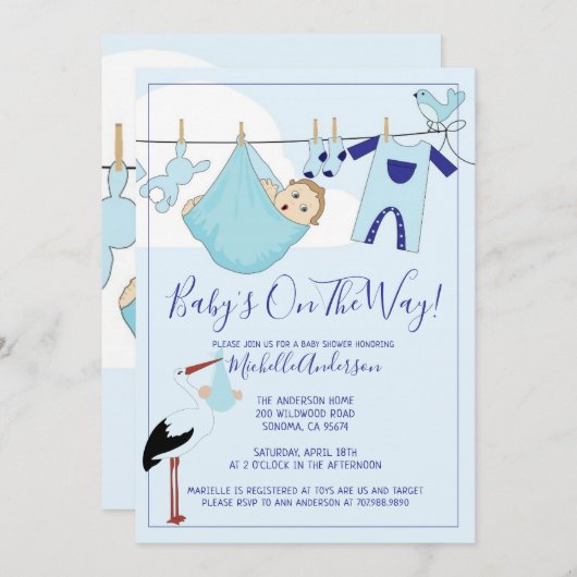Invitation Bundle Bébé Bleu Sur Baby shower Clothesline (Devant / Derrière)