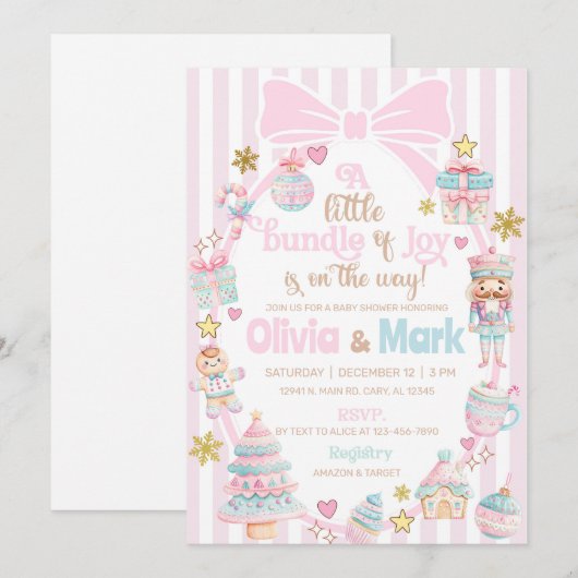 Invitation Bundle of Joy Christmas baby shower invite. (Devant / Derrière)