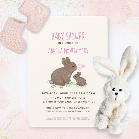 Invitation Bunnies adorables avec Coeurs Baby shower fille