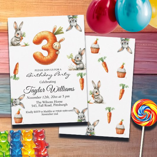 Invitation Bunnies et carottes 3e fête d'anniversaire