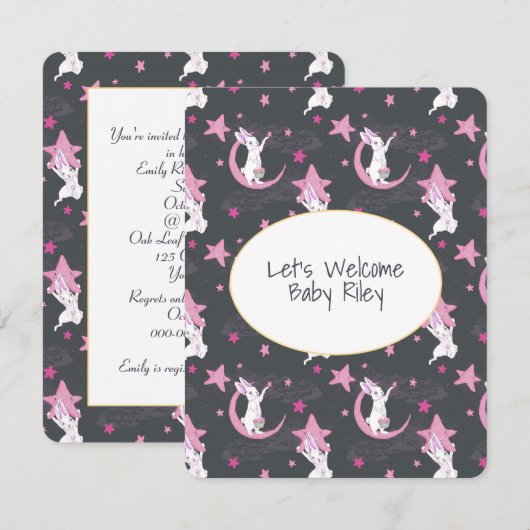 Invitation Bunnies et étoiles d'or sur Grey (Devant / Derrière)