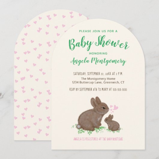 Invitation Bunnies mignons avec Baby shower de coeur (Devant / Derrière)