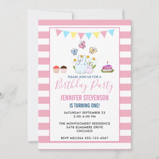 Invitation Bunnies, papillons et marguerites fête d'anniversa (Devant)