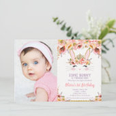 Invitation Bunny 1er anniversaire Filles Floral Rabbit Photo (Debout devant)