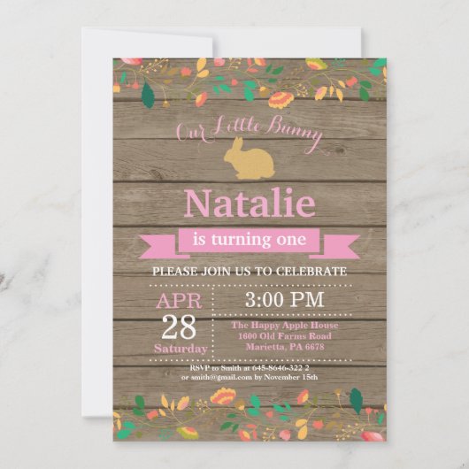 Invitation Bunny Anniversaire Fille de Pâques Oeuf 1er Annive (Devant)