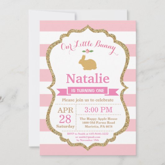 Invitation Bunny Anniversaire Fille de Pâques Oeuf 1er Annive (Devant)
