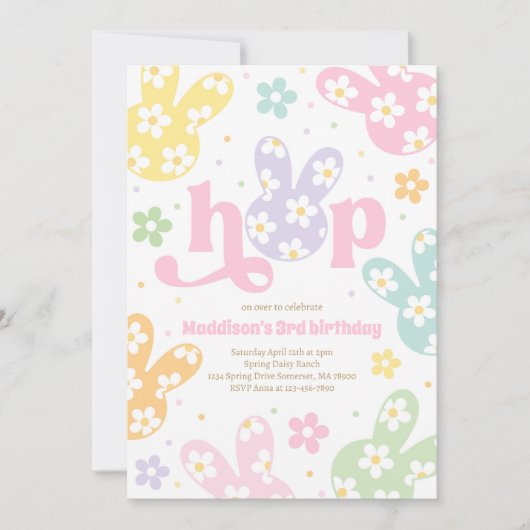 Invitation Bunny Anniversaire Pastel Daisy Floral Spring Part (Devant)