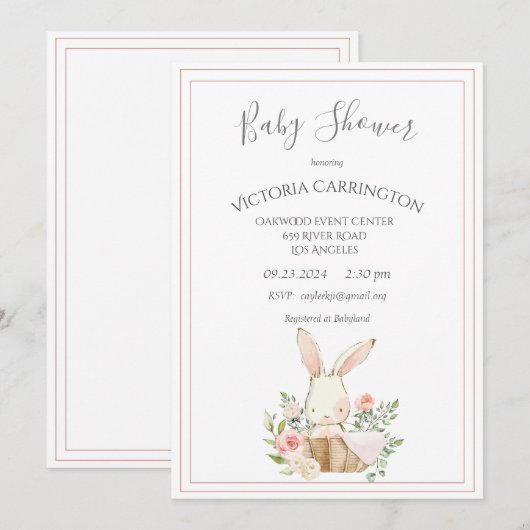 Invitation Bunny Aquarelle Floral rose fille Baby shower (Devant / Derrière)