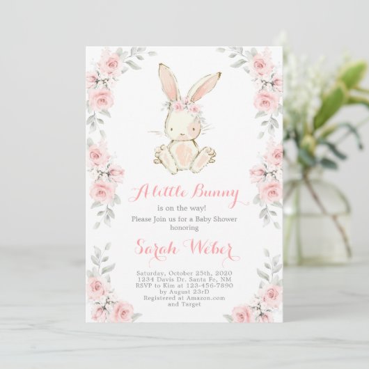Invitation Bunny baby shower fille (Debout devant)