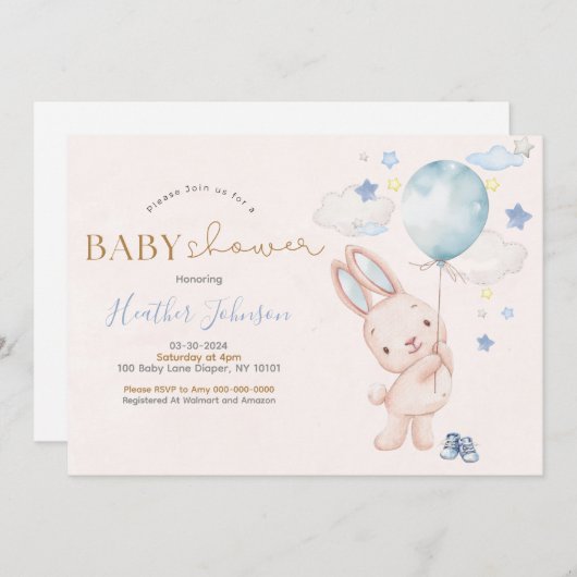 Invitation Bunny Baby shower garçon (Devant / Derrière)