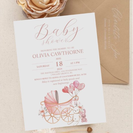 Invitation Bunny Berceau Fille Baby shower rose