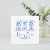 Invitation Bunny Bleu Bleu Blanc Flore Bow Personnalisé (Debout devant)